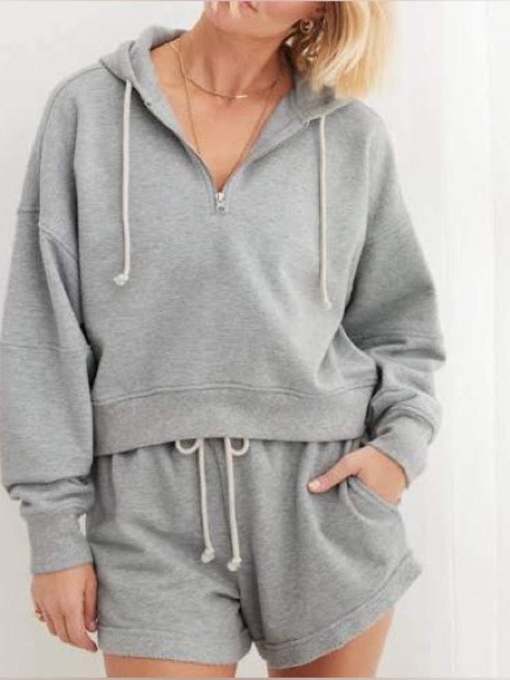 aerie Light Gray Half-Zip Hoodie with Drawstring